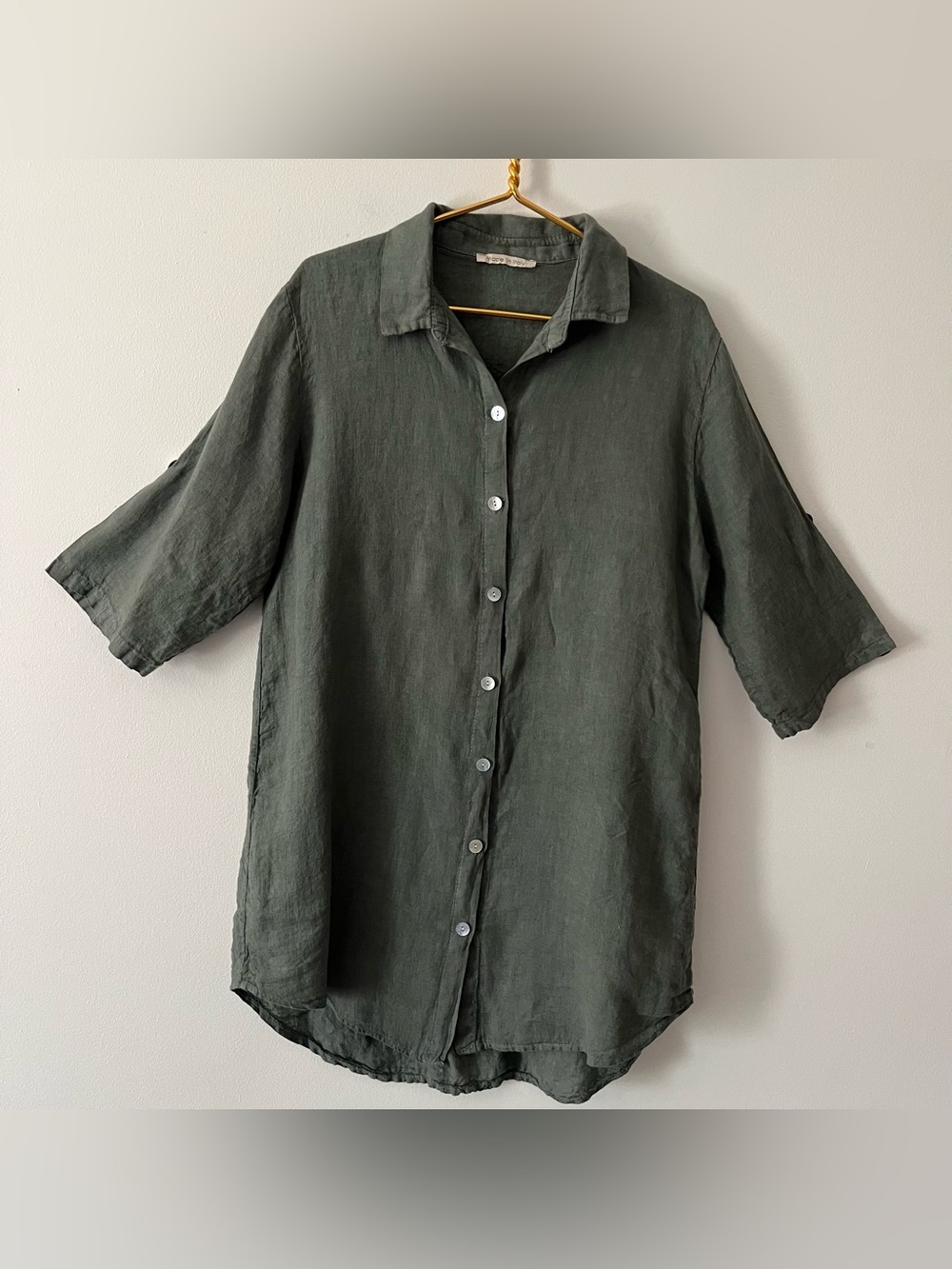 “Made in Italy” Dark Green Linen Shirt Dress 3/4 Roll Up Button Tab Sleeve XL 14